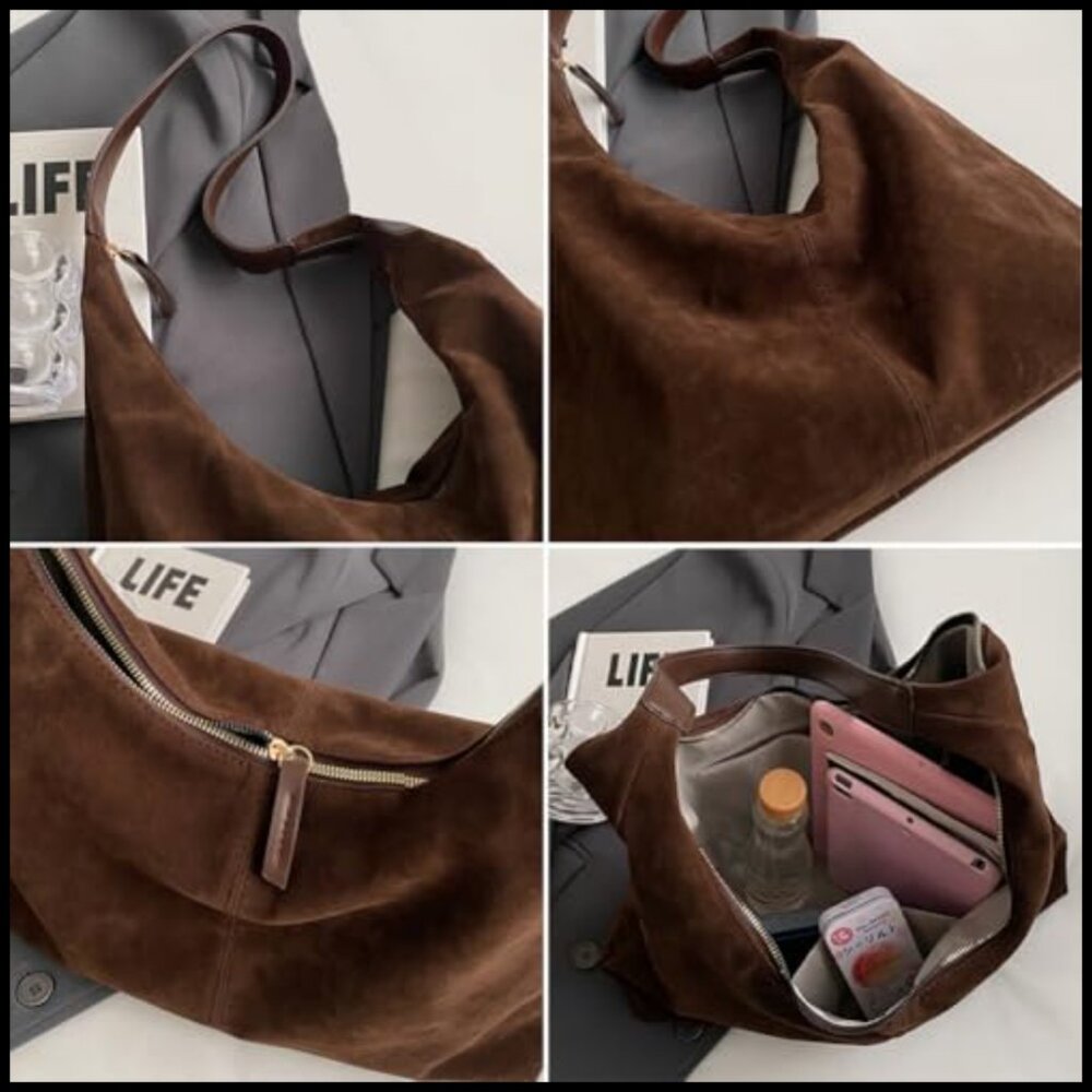 Retro Suede Hobo Shoulder Bag Large Tote Satchel Casual Work Purse - Picture 6 of 6